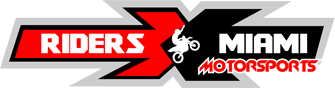 Logo of Rider X Miami Motorsports with a black background, featuring text and a motorcycle graphic.