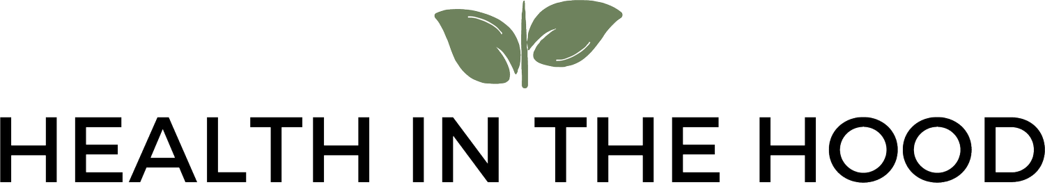 Logo with green leaves above the text "Health in the Hood"