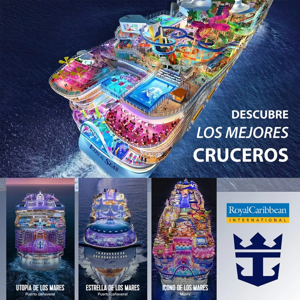 An illustration of the Royal Caribbean cruise ship with colorful water slides, pools, and recreational areas on the deck. The image includes promotional text in Spanish and features the cruise line's logo.