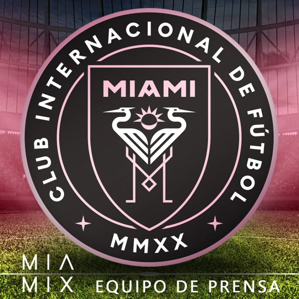 Miami FC logo with pink and black colors, featuring two herons and a sun, with the text "Club Internacional de Futbol" and "M MX". Background shows a stadium with pink lighting.