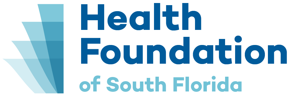 Logo of the Health Foundation of South Florida with stylized layered blue shapes and text in blue.