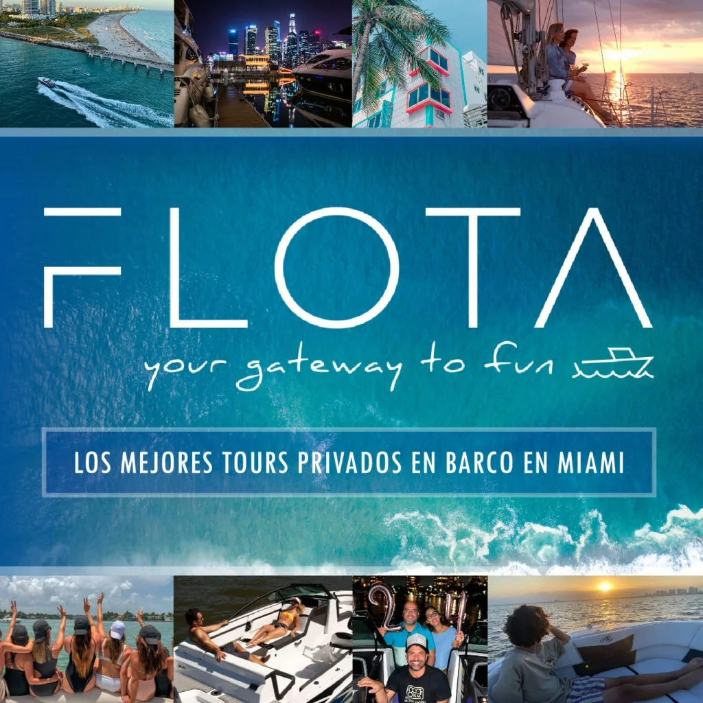 A promotional image for Flota, a company that offers private boat tours in Miami. The image features various pictures of boats, cityscapes, and people enjoying water activities.