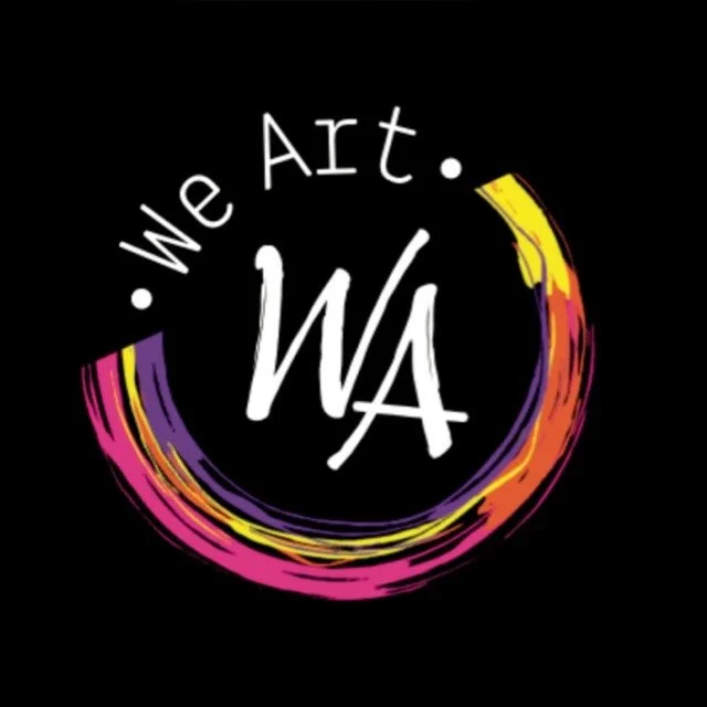 Logo with the words 'We Art' and 'WA' inside a colorful, brush-stroke circle on a black background.
