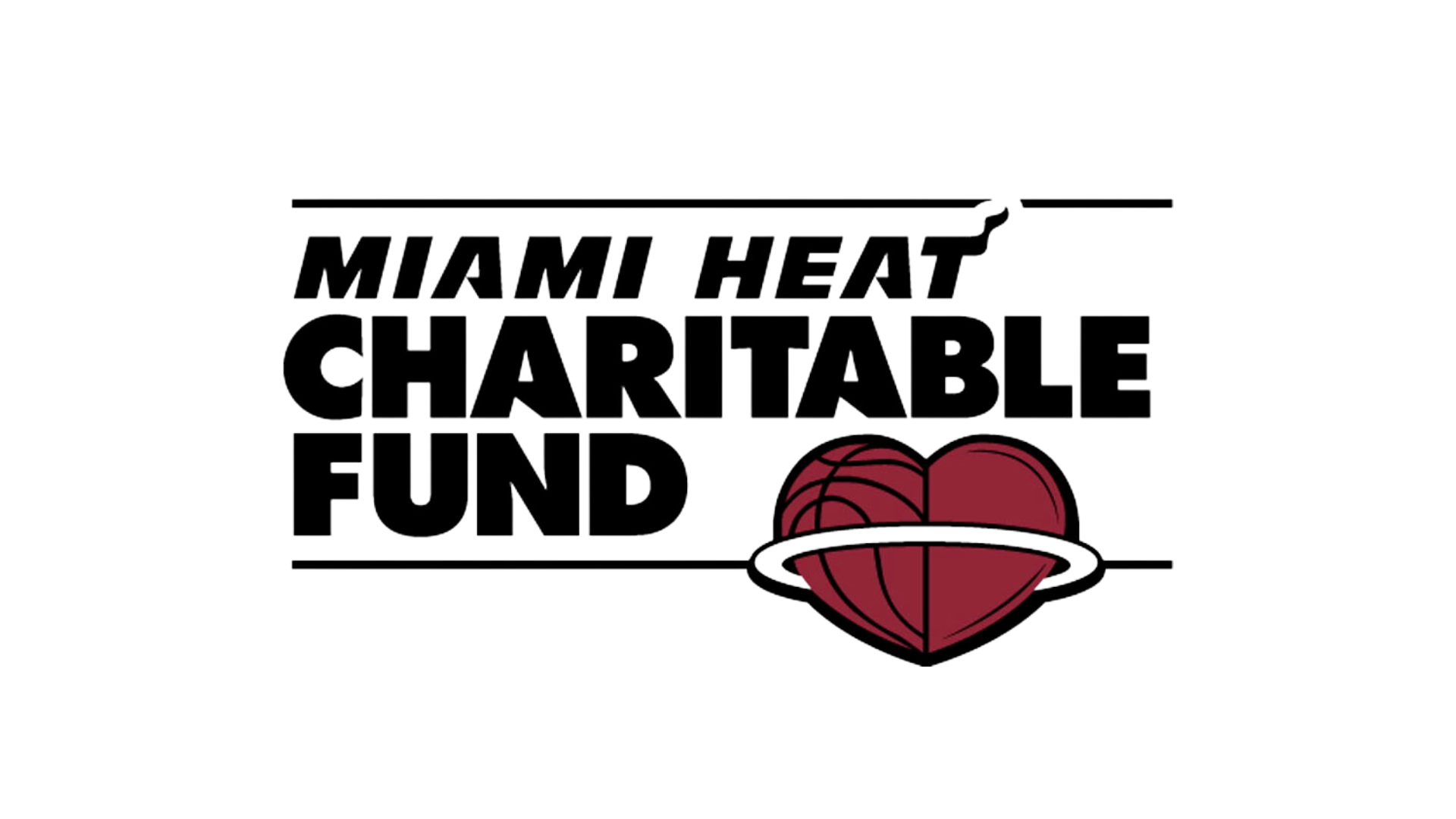 Miami Heat charitable fund logo with black text and a stylized red heart with a basketball pattern and a ring.