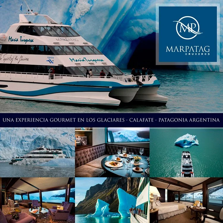 Tourist cruise ship in front of glaciers in Patagonia, Argentina, showing luxurious interiors and views of icebergs.