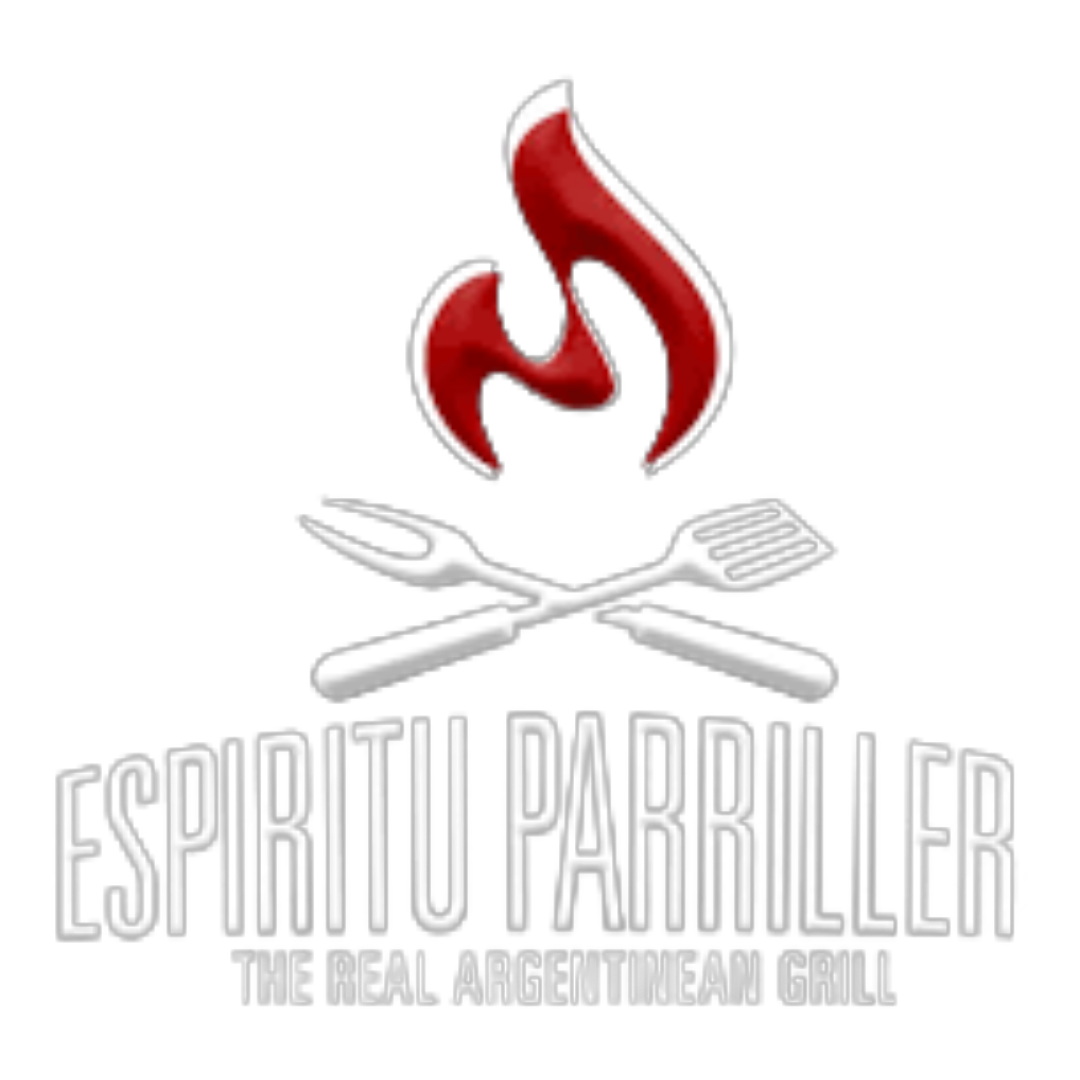 Logo for Espiritu Parrriller featuring a stylized flame and crossed fork and spatula with the tagline "The Real Argentinean Grill" on a black background.