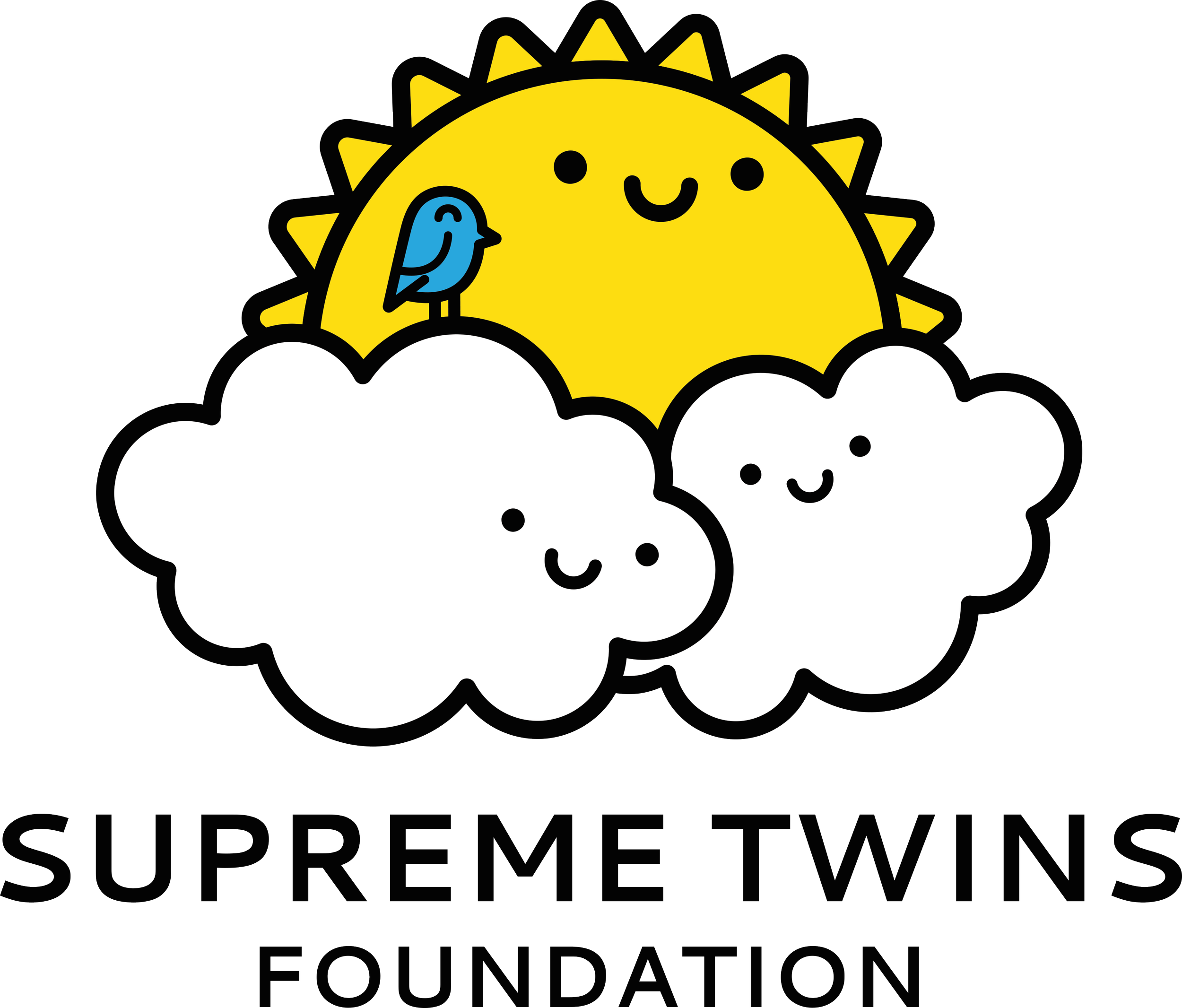 A cartoon illustration of a smiling sun with a happy face, partially hidden behind two playful clouds with smiling faces. A small blue bird is perched on one of the clouds. Below, the text reads 'SUPREME TWINS FOUNDATION'.