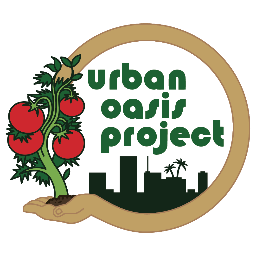 Logo for Urban Oasis Project featuring a tomato plant, city skyline, and palm trees, with the text 'urban oasis project' inside a circular border.