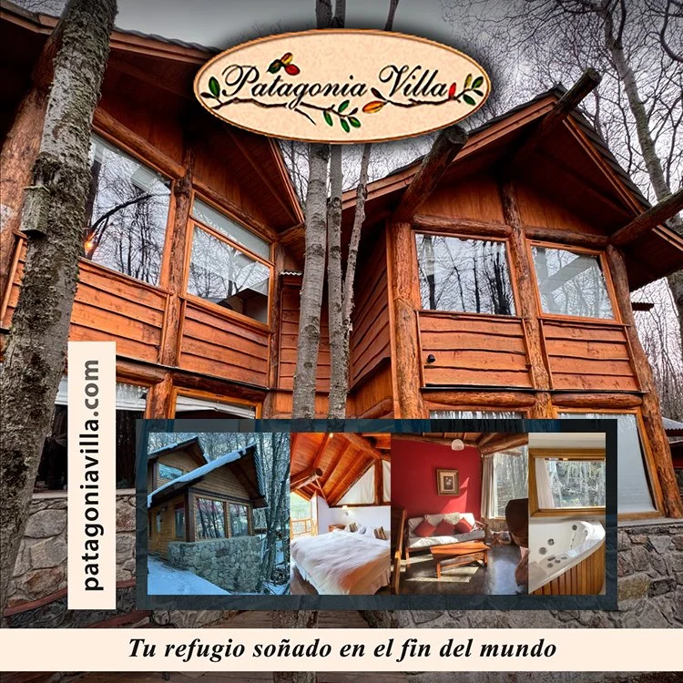 A wooden cabin with large windows, nestled among trees, with a sign that reads "Patagonia Villa" and a subtitle in Spanish "Tu refugio soñado en el fin del mundo."