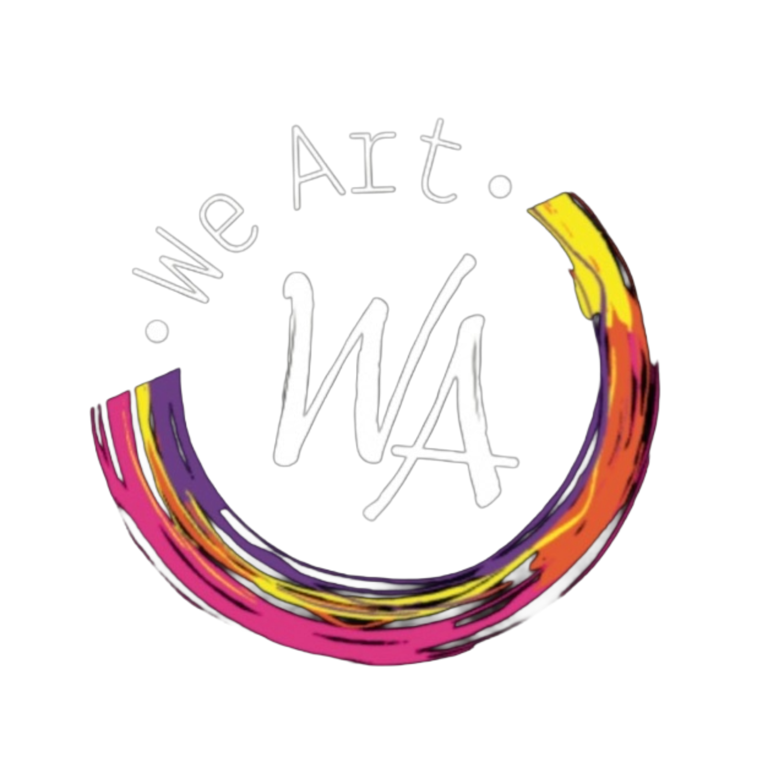 Colorful circular logo with the text "We Art. WA" in the center, and "We Art" written above in a curved manner on a black background.