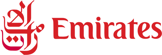 Emirates logo with red Arabic script and the word 'Emirates' next to it.