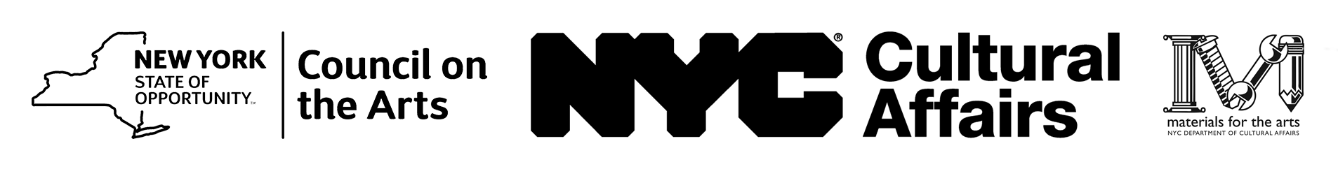 Three logos of funding partners: New York State Council on the Arts, NYC Cultural Affairs, and Materials for the Arts