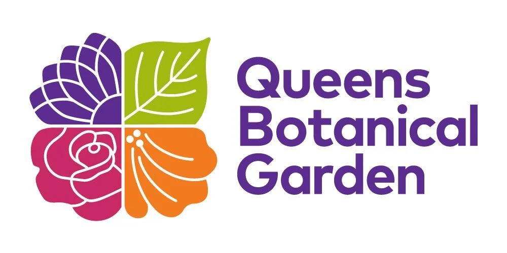 Logo of Queens Botanical Garden featuring a colorful flower design with purple, green, pink, and orange elements and the text "Queens Botanical Garden" in bold purple letters.