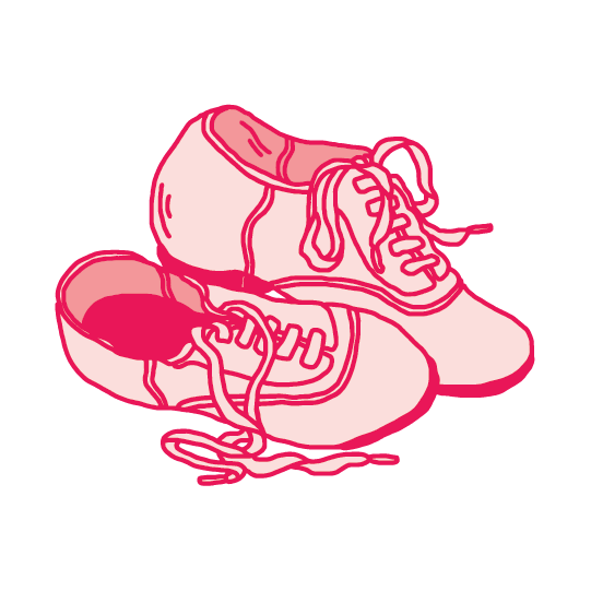 Illustration of a pair of pink dancing shoes with untied laces.
