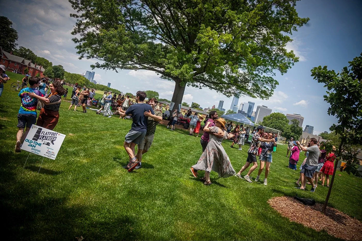 People dancing and enjoying music at an outdoor festival in a grassy park with a large tree, city skyline in the background, and a cloudy sky.