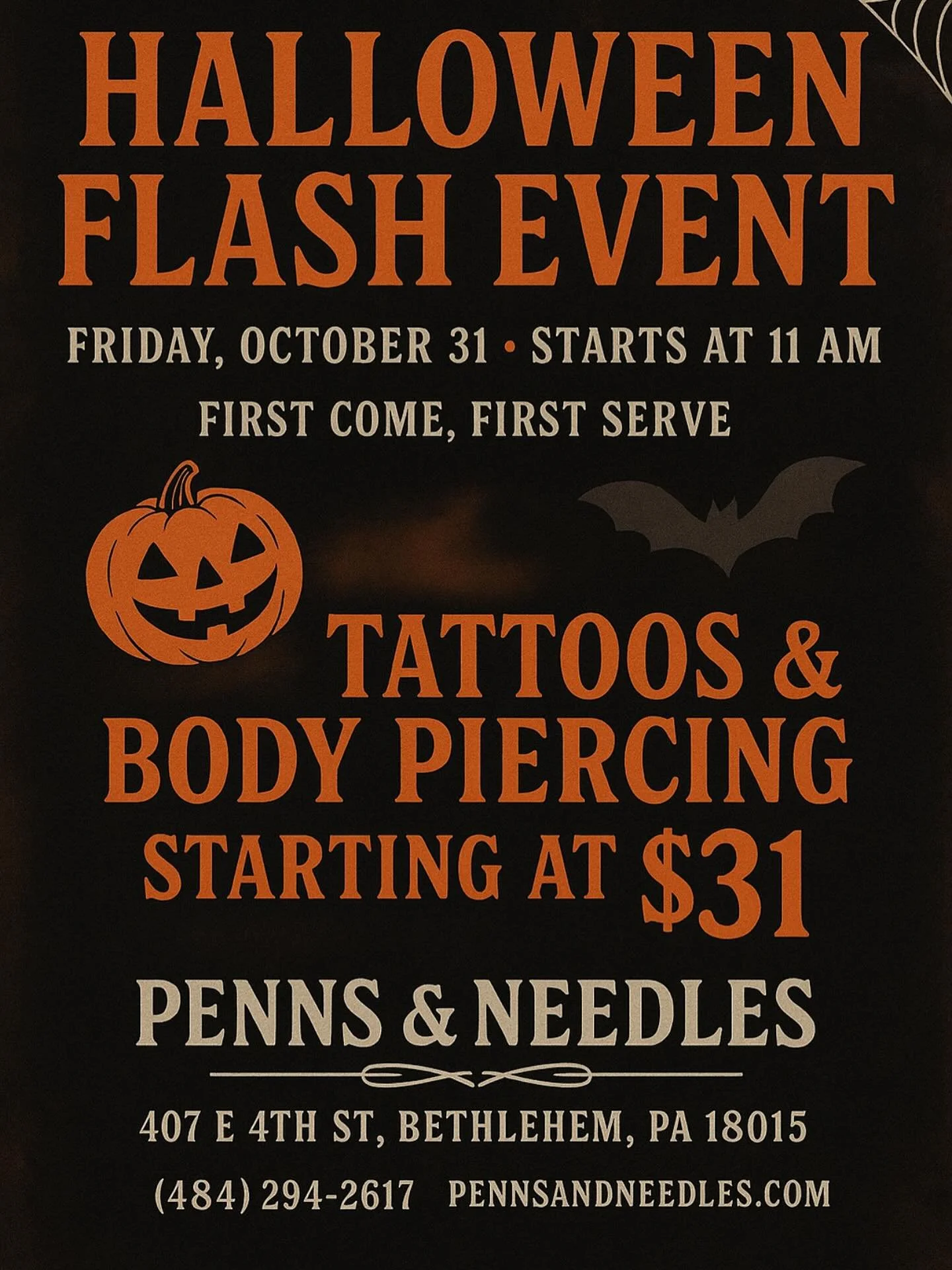 Come see us on halloween! We will also be doing a costume contest! More details on that soon! 

#pennsandneedles #bethlehembusiness #bethlehempa #tattoos #tattooflash #halloweenflash #halloweentattoos #flashday #walkinswelcome #bodypiercing #lehighva