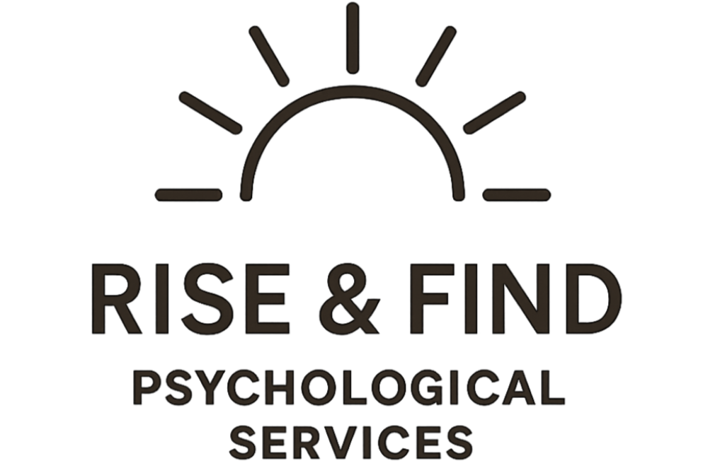Logo of Rise & Find Psychological Services with a rising sun symbol.