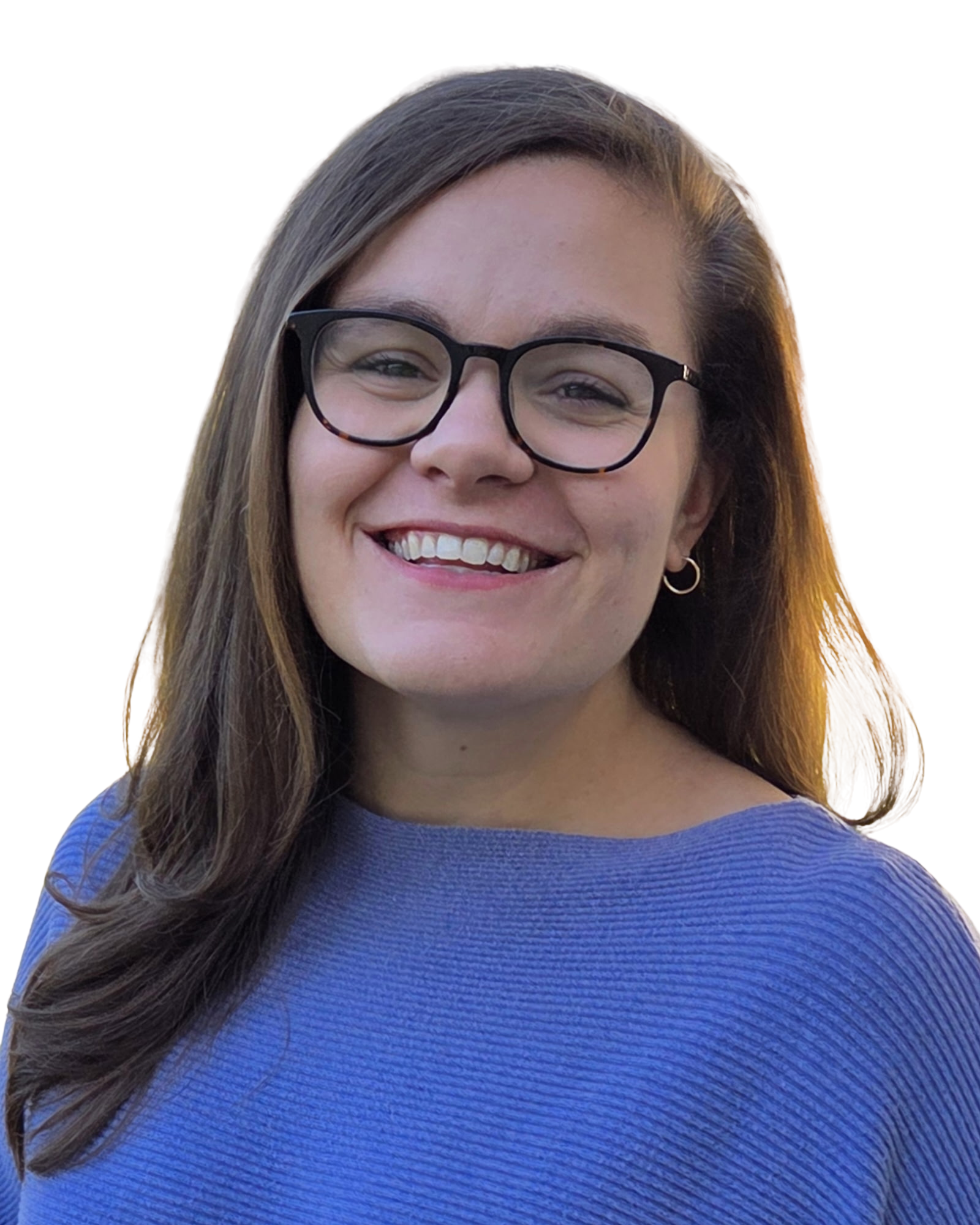 Smiling young woman with glasses and long brown hair wearing a blue top.
