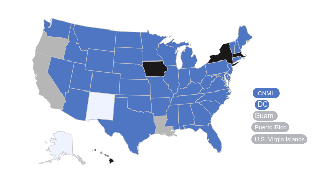 Map of the United States showing different territories in various shades and colors, with a legend indicating CNMI, DC, Guam, Puerto Rico, and U.S. Virgin Islands, some are marked in black and others in different shades of blue and gray.