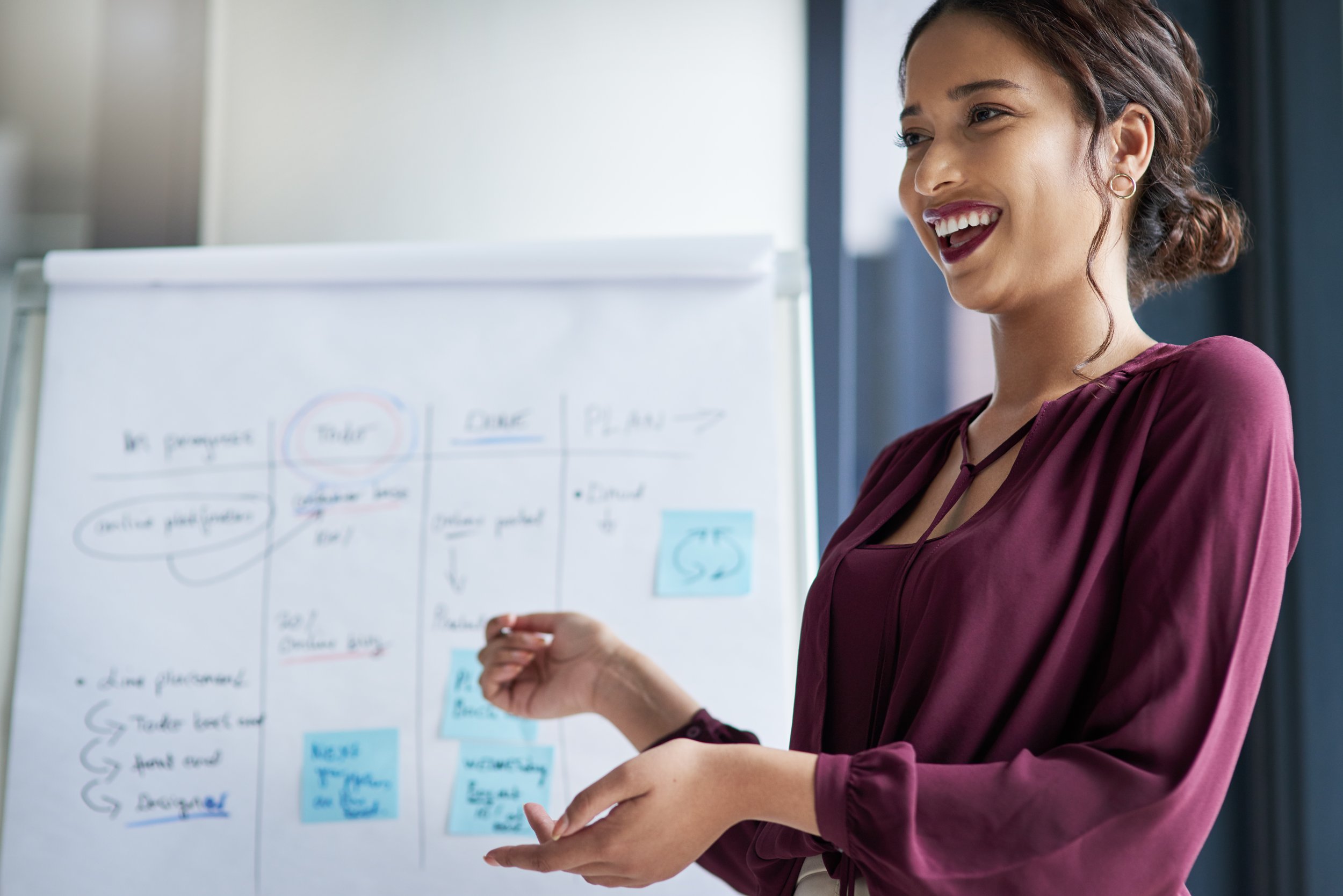 A woman in a burgundy blouse smiling and pointing at a whiteboard with handwritten notes and sticky notes, indicating she is giving a presentation or leading a discussion.