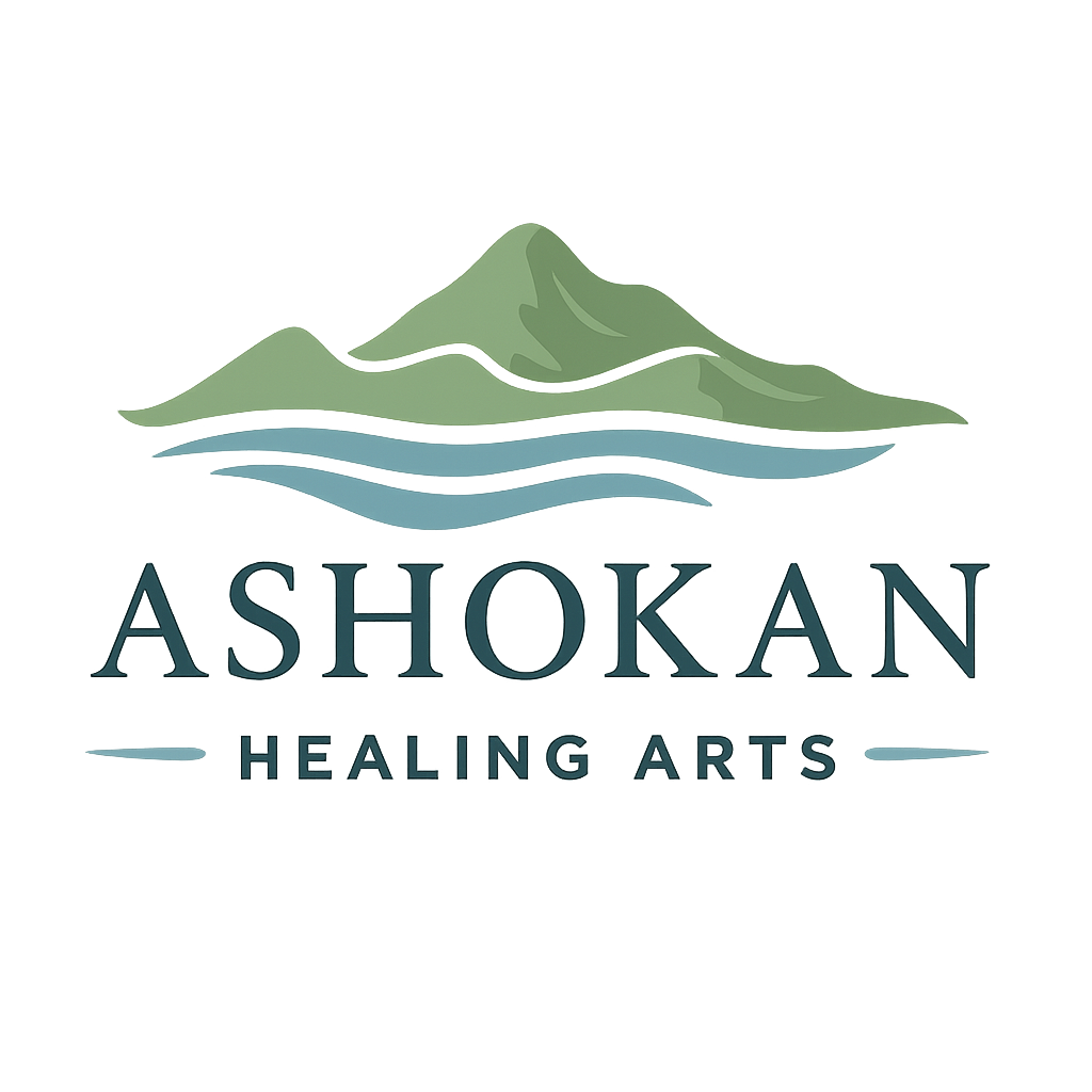 Logo for Ashokan Healing Arts featuring a stylized mountain landscape with a lake, and the text "Ashokan" and "Healing Arts" underneath.