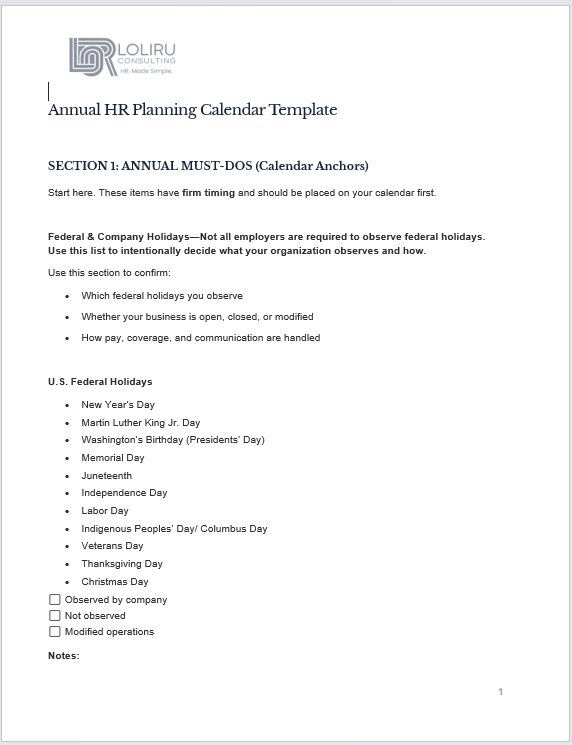 Annual HR planning calendar template for small businesses