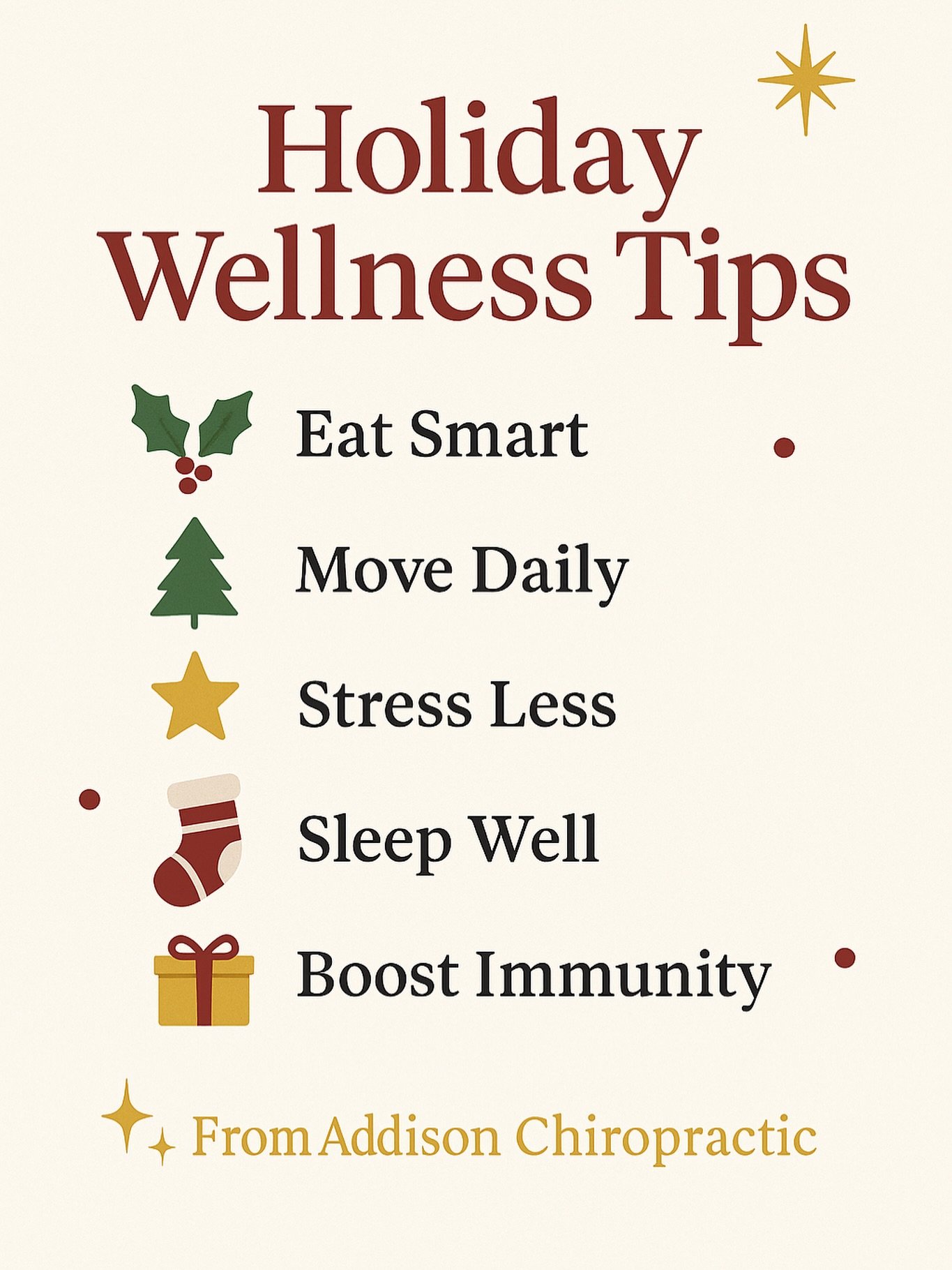 The holidays are busy &mdash; here are 5 little ways to stay balanced this season:

🎄 1. Food Overload
Fill half your plate with veggies or lean protein first. Small swaps &rarr; big wins.

🎁 2. Movement 
Aim for 10&ndash;15 minutes a day. Walks to