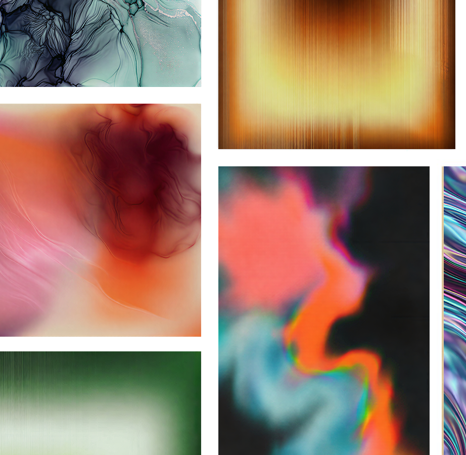Abstract digital art with vibrant colors and textured patterns across multiple sections.