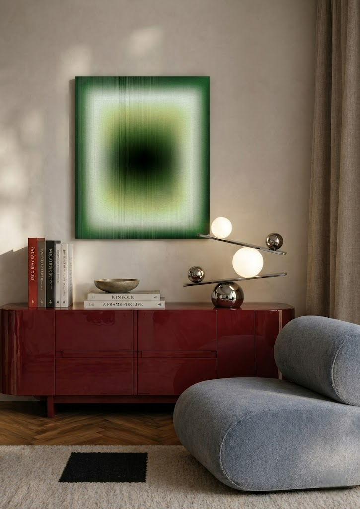 Modern living room with abstract green and black artwork on the wall, a red sideboard, a gray curved chair, a contemporary lamp with round and chrome elements, and a stack of books.