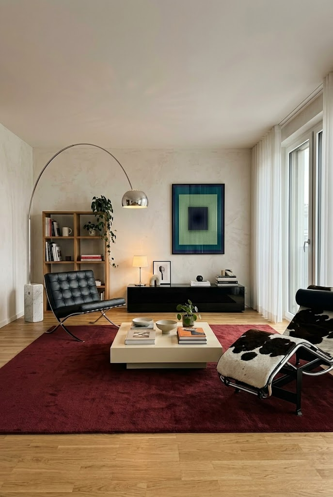 Modern living room with black leather lounge chair, cowhide lounge chair, white coffee table with books and bowls, red area rug, wooden floor, and a large window with sheer curtains.