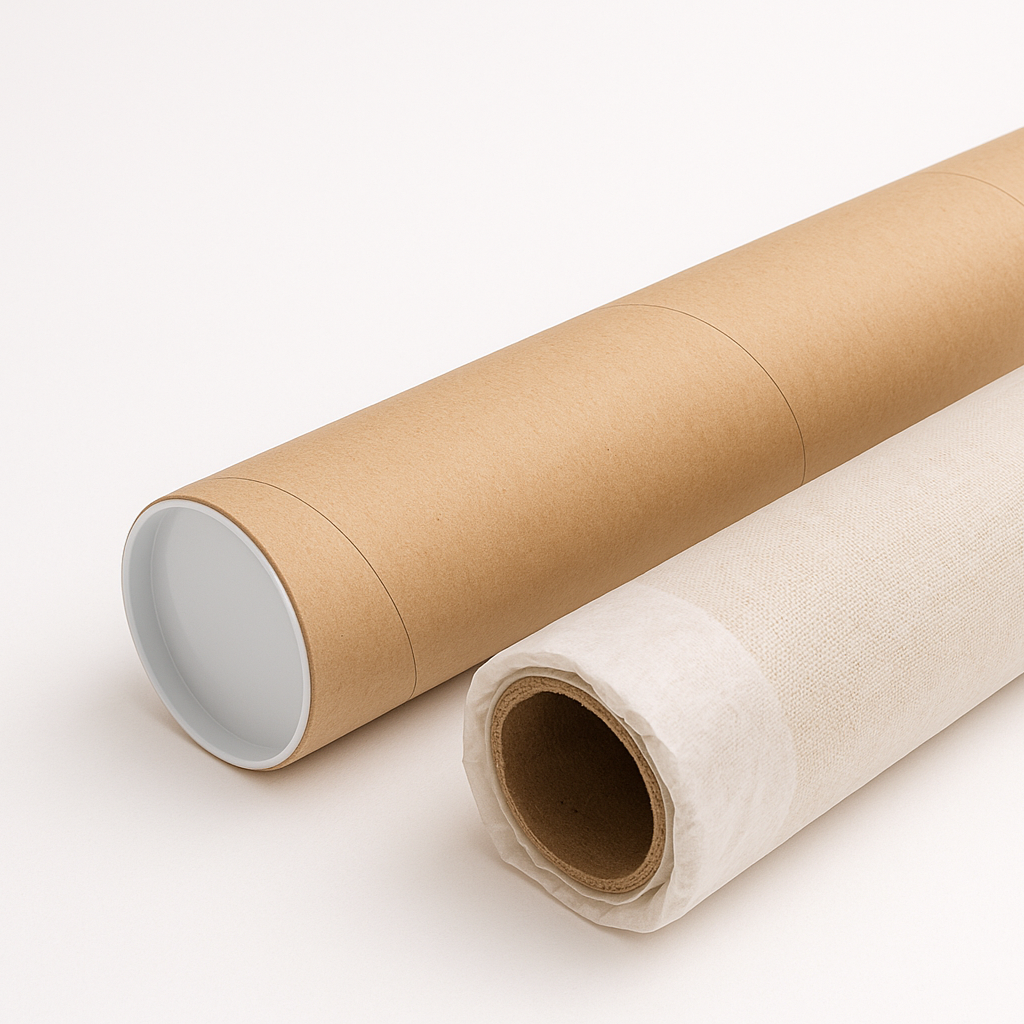 Two rolls of fabric or paper on a white background, one brown and one white.