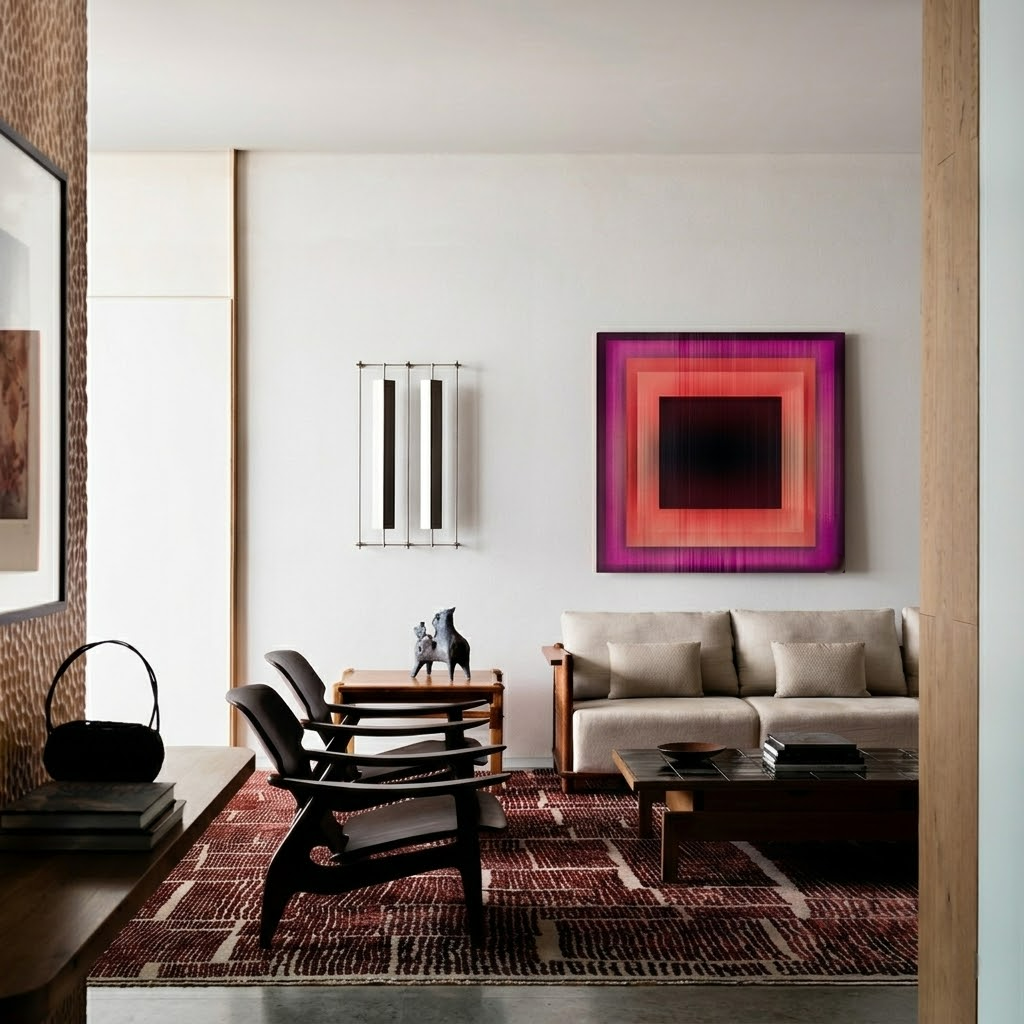 Modern living room with beige sofa, wooden coffee table, black accent chairs, and colorful abstract art on the wall.