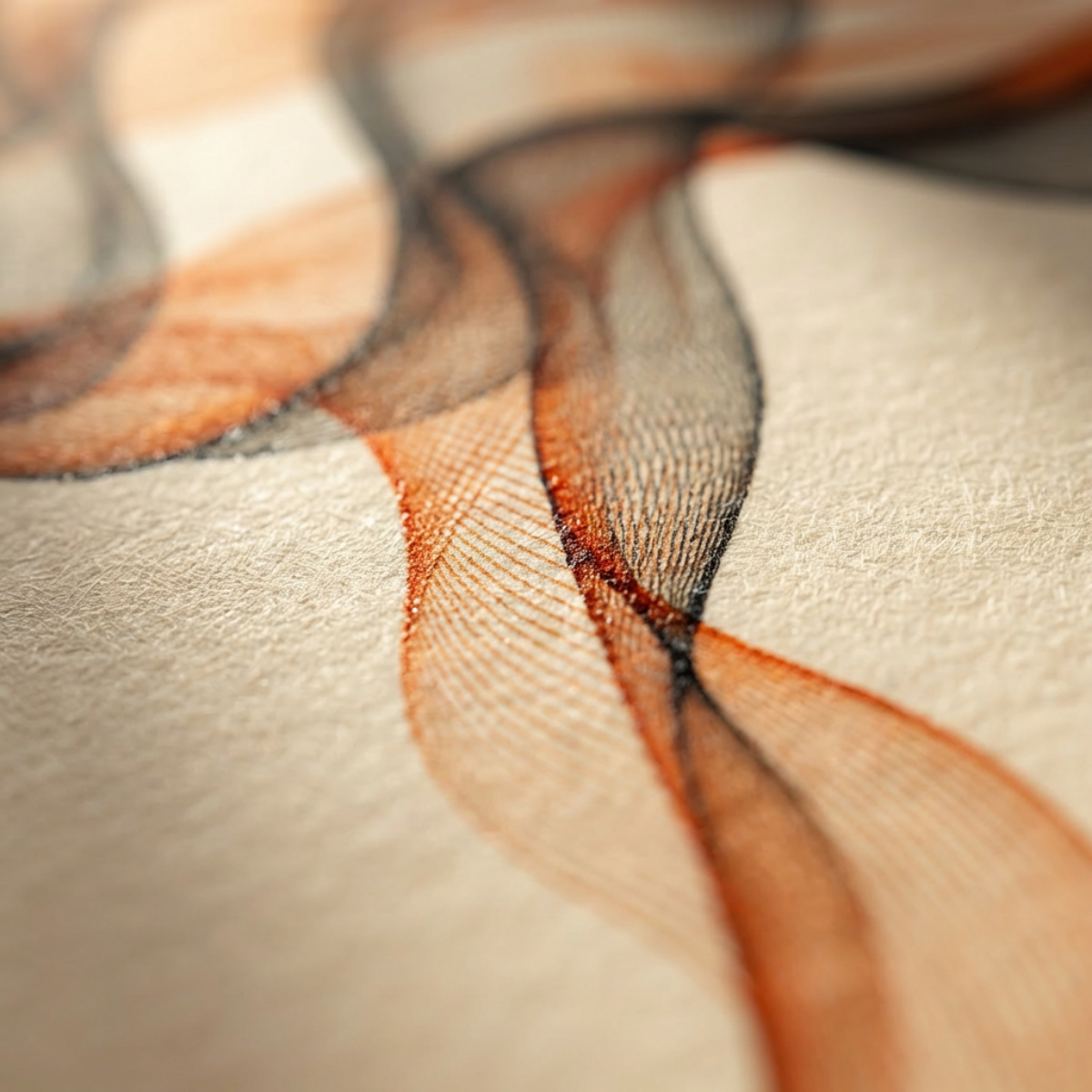 Close-up image of a textured fabric with abstract thread embroidery in orange, black, and beige colors.