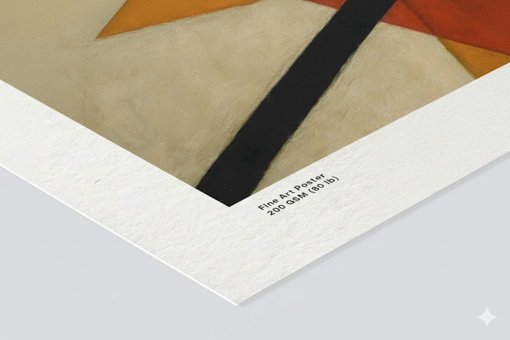 Close-up of the bottom corner of a fine art poster showing the text 'Fine Art Poster 200 GSM 80 lb' printed along the edge.
