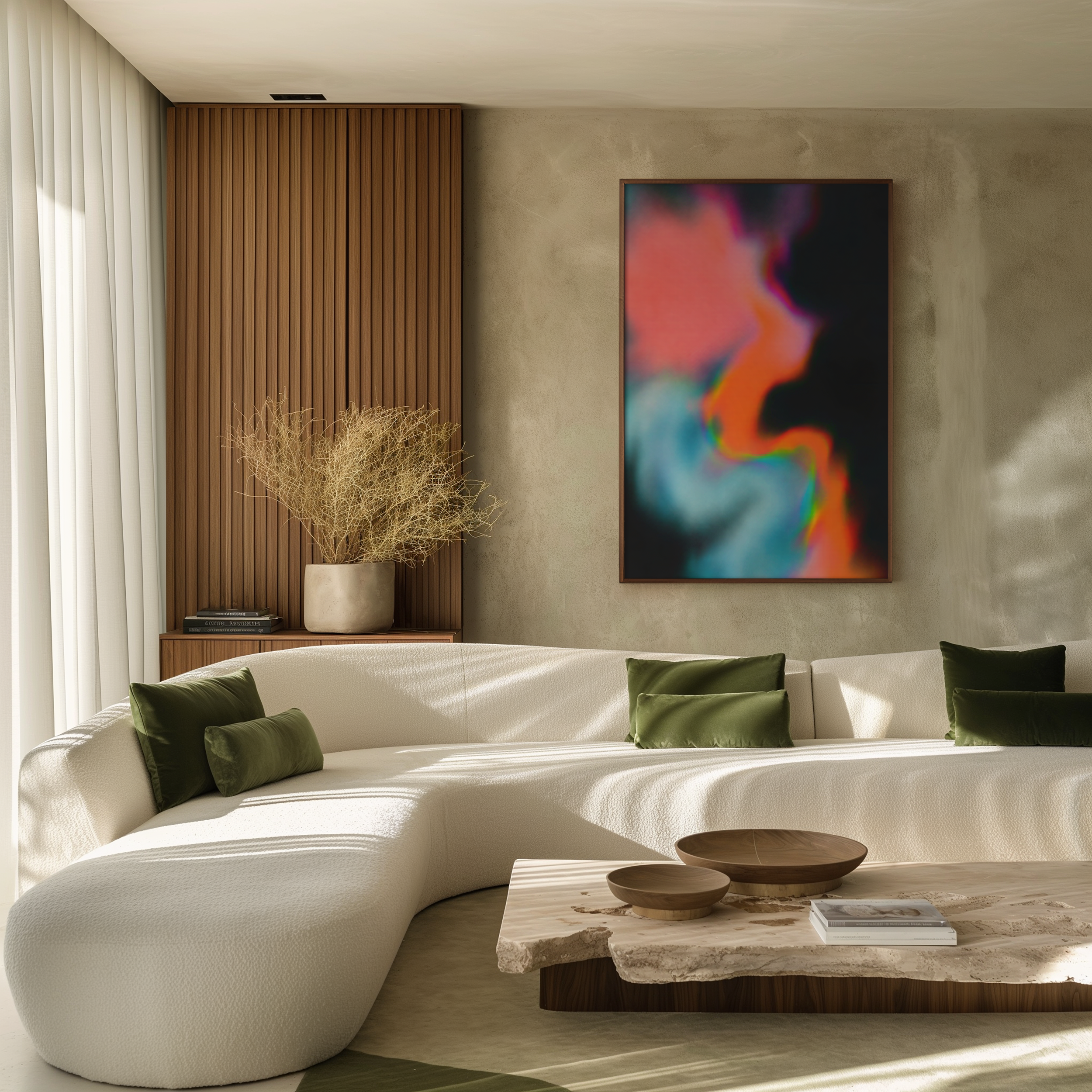 Modern living room with a cream-colored curved sofa, dark green pillows, a marble coffee table with wooden bowls, a textured beige wall, a large flat-screen TV, wooden wall paneling, and white curtains.
