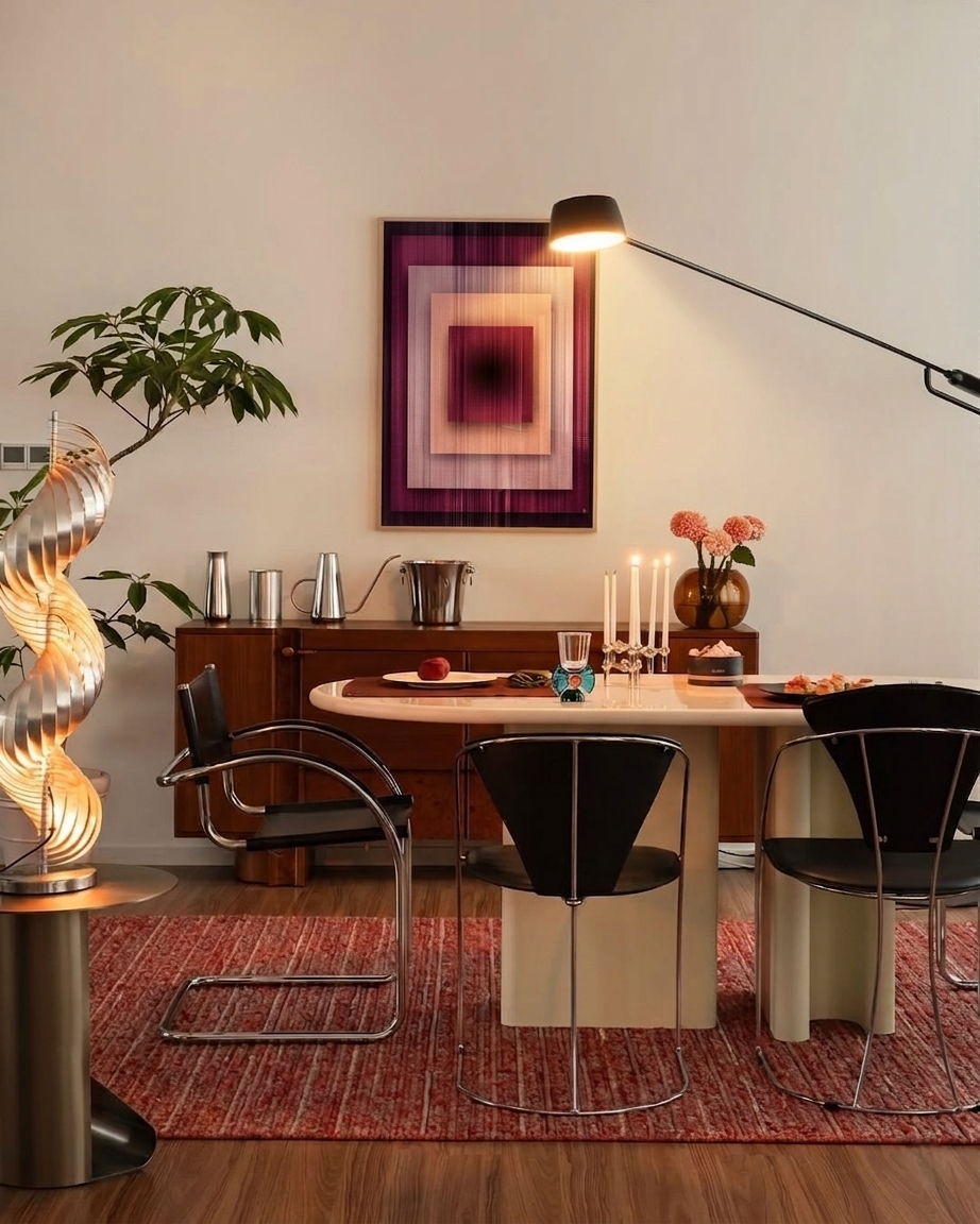 Interior of a dining room with modern decor, featuring a wooden sideboard, abstract wall art, a large leafy plant, a sculptural lamp, a dining table set for a meal with candles and flowers, and black chairs.