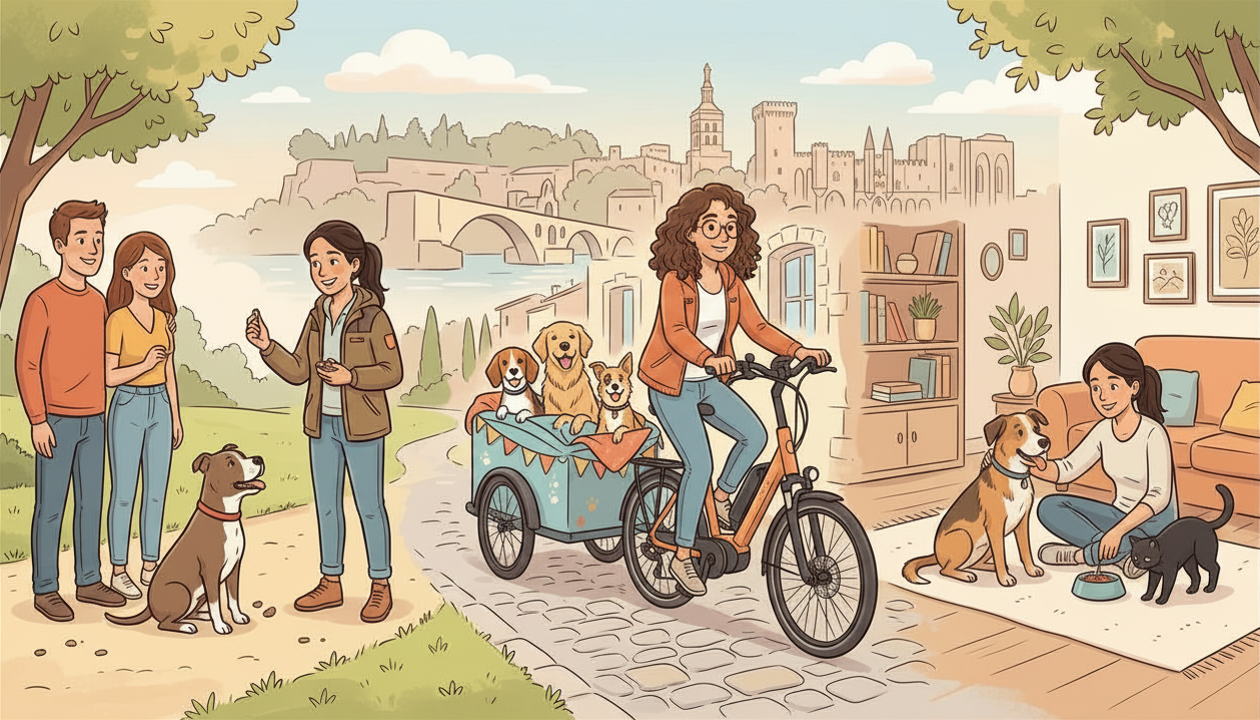 Scène illustrée de personnes et chiens dans un parc et une maison, avec un fond de pont et château.