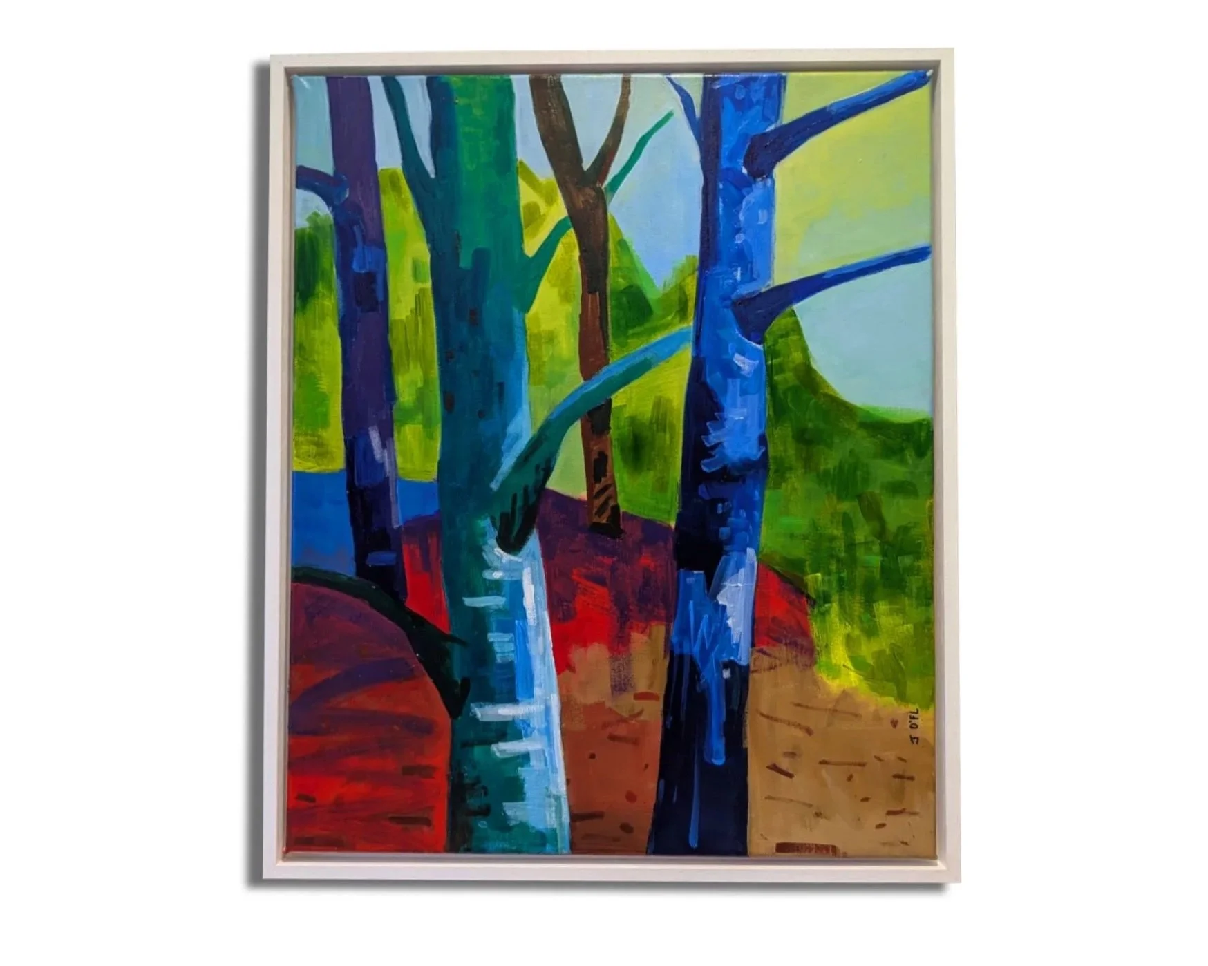 "It's good to be us" 
Commission, now hanging in its new home in Washington DC. This vibrant painting captures the broad range of trees that surround the coast line of Traverse City, Lake Michigan.

80 x 60cm - Framed in white oak.
Acrylic on canvas.