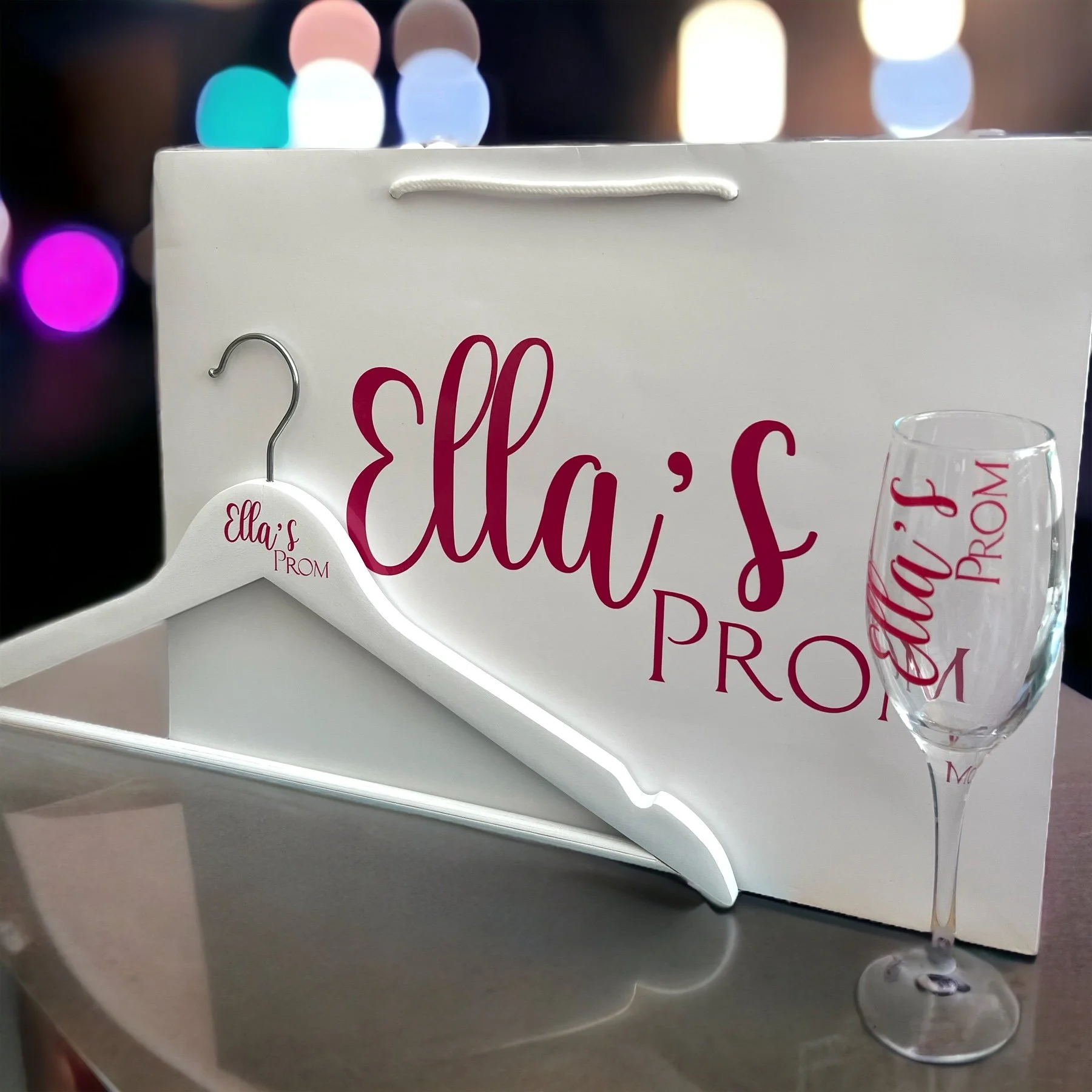 Personalised Prom Gift Sets, Includes White Wooden Hanger, Glass Champaign Glass and Large gift Bag.