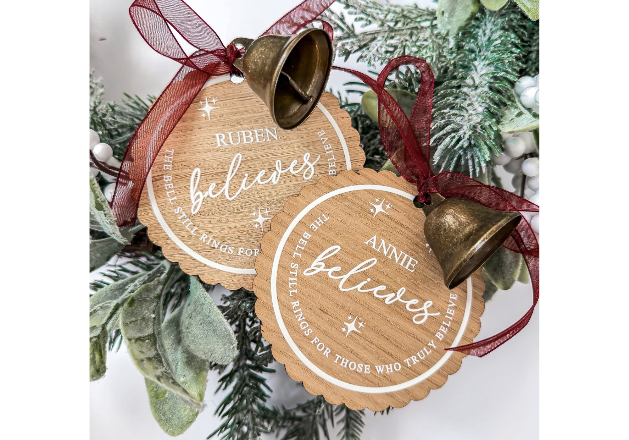 Personalised "Believe" Christmas wooden Ornament with Bell
