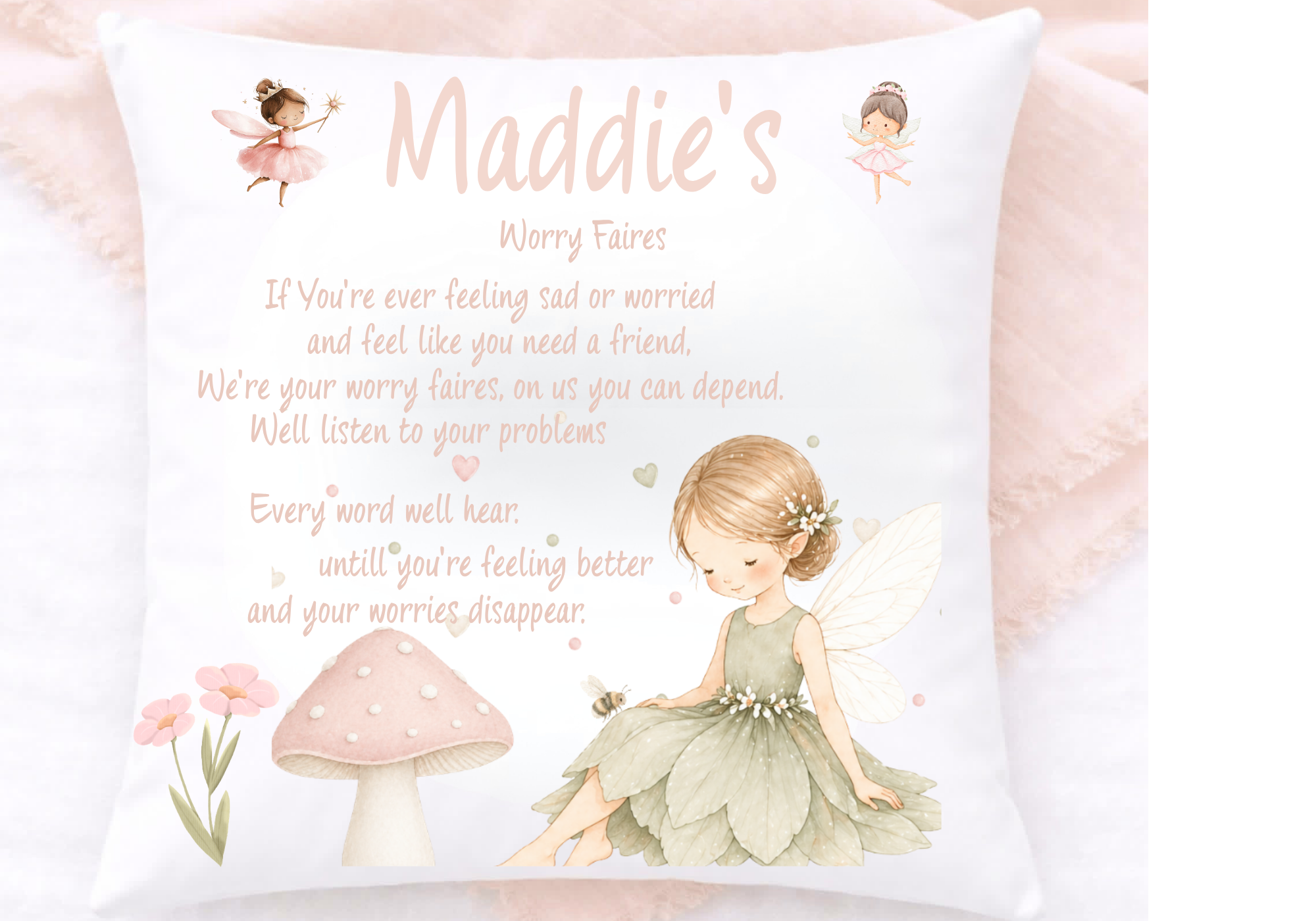 Personalised Fairy Worry Cushions. You Can Personalise Your cushion with changing the colour and adding name
