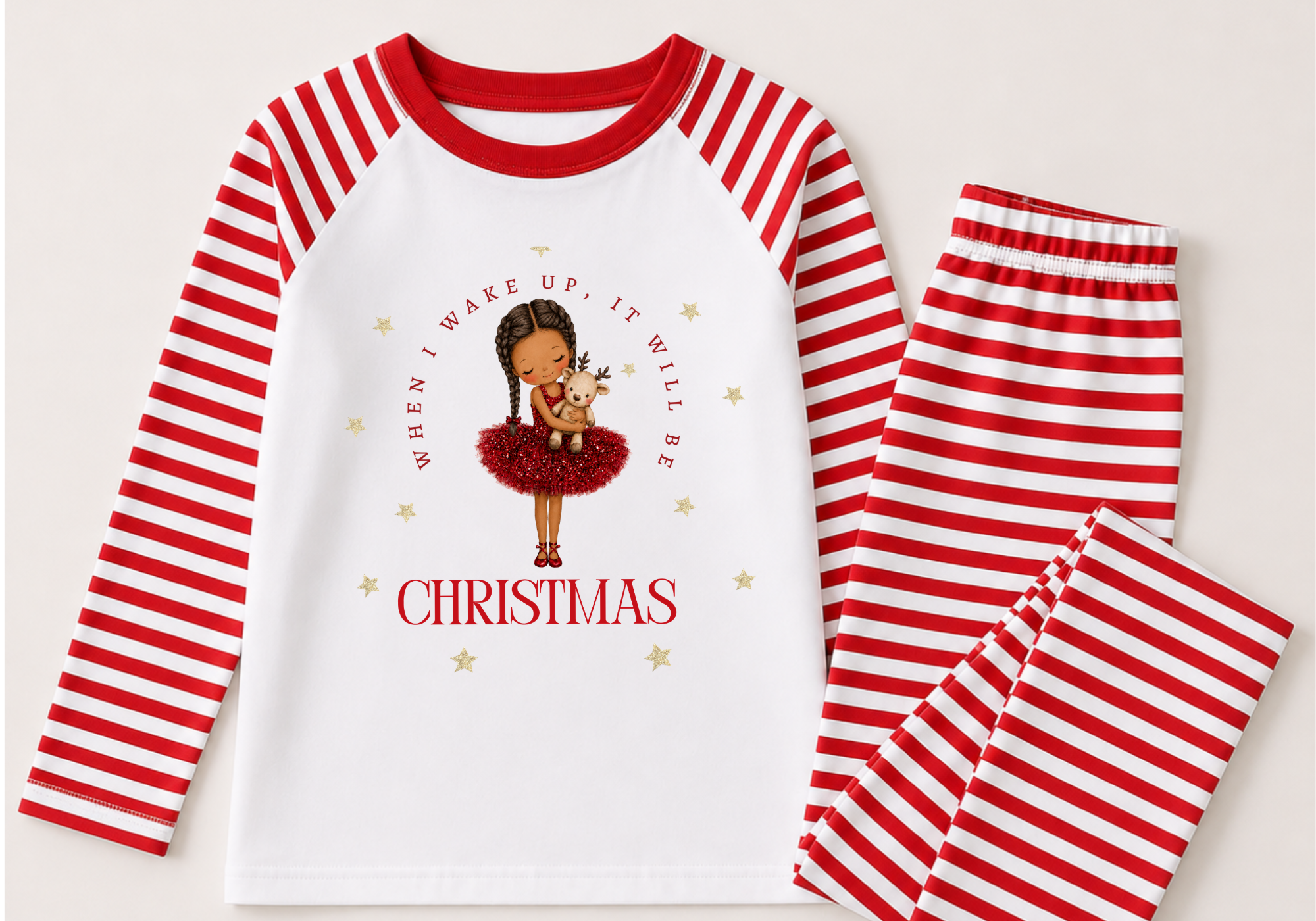 Personalised Christmas TuTu Girls holding Reindeer, Pyjamas For Your Little Ones., When I Wake up It Will Be Christmas