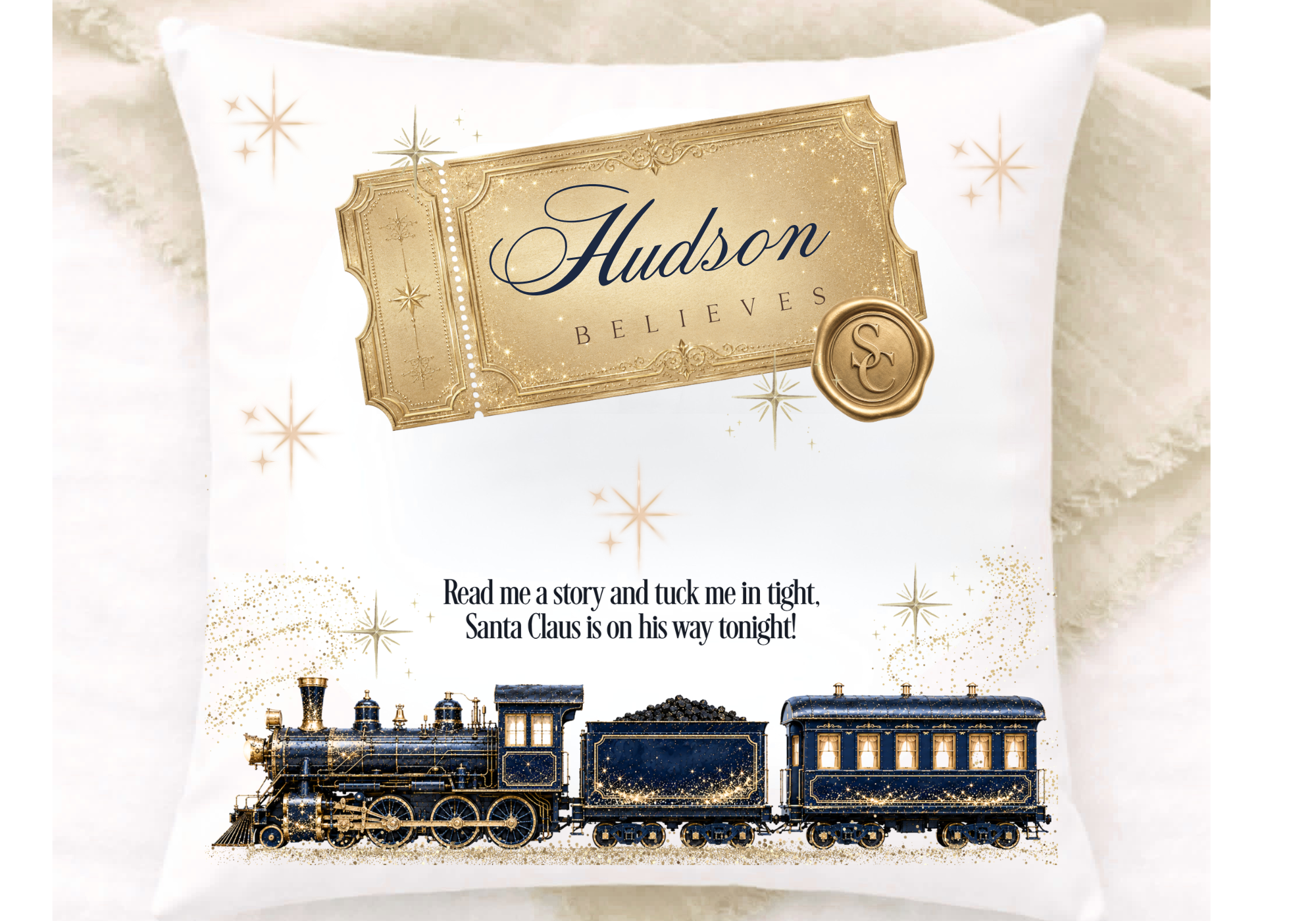 Christmas I Believe Pocket Cushion with Enchanting Train Designs