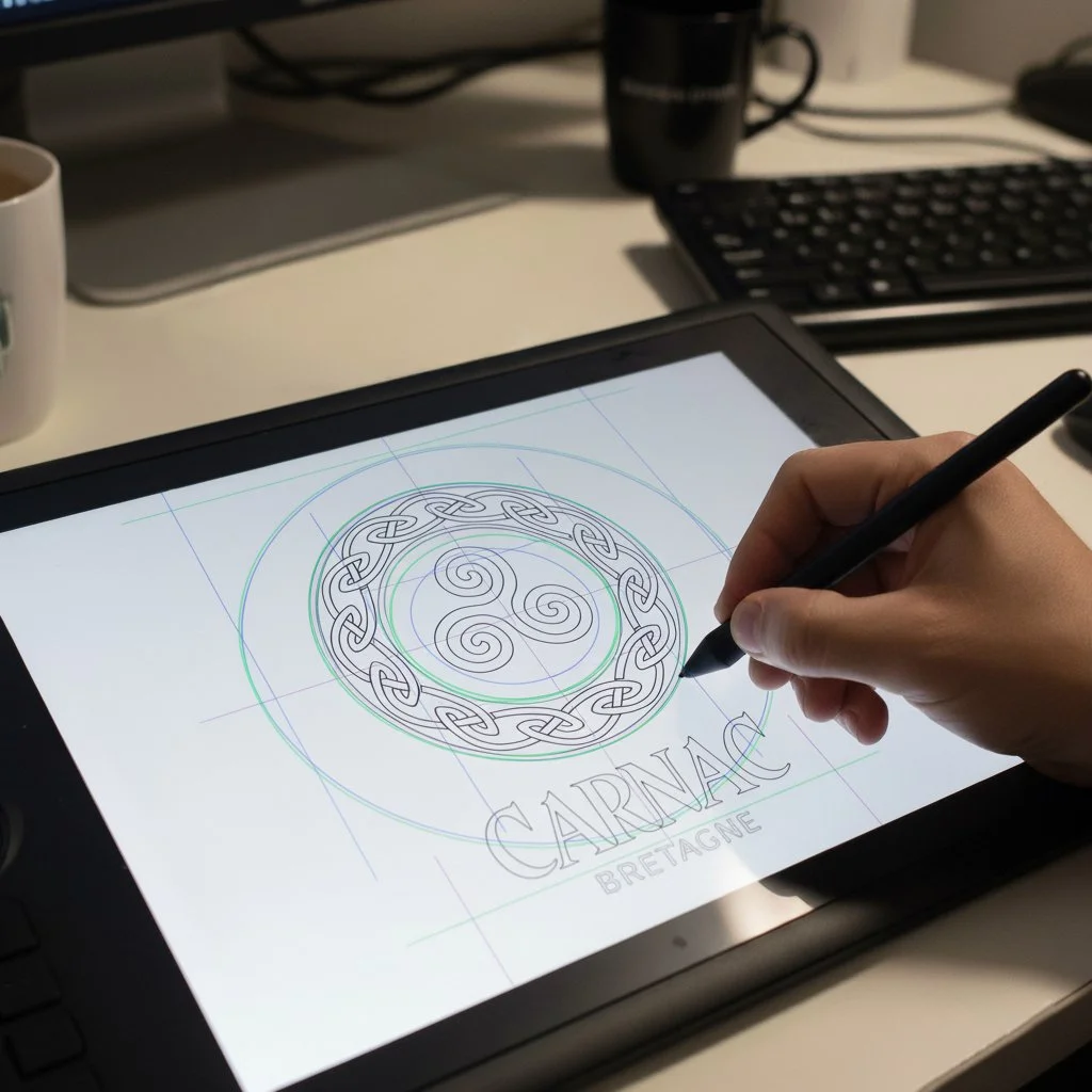 Création d’un design personnalisé sur tablette graphique pour souvenirs en cuir vegan, motif triskel pour Carnac en Bretagne.