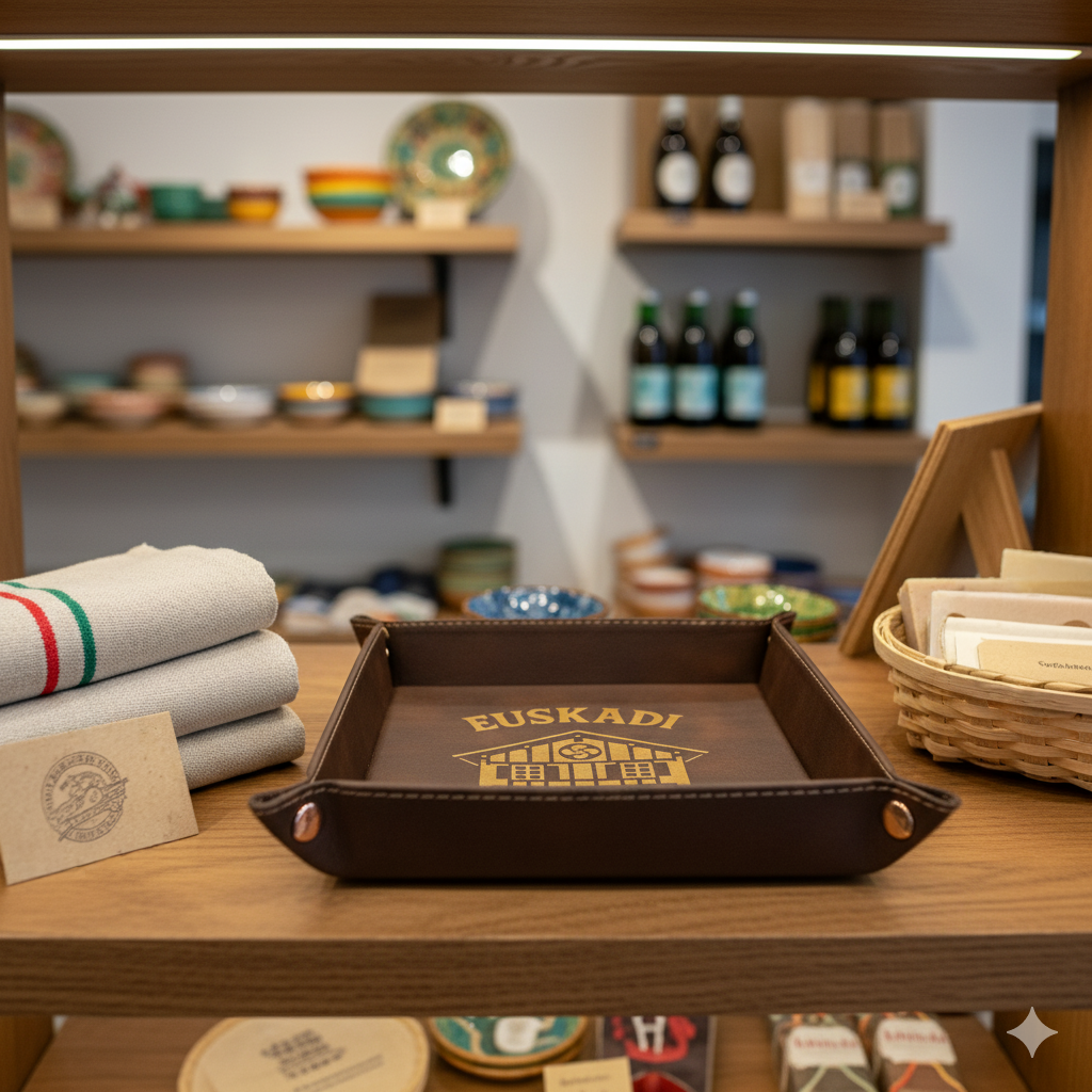 Vide poches "Euskadi" en cuir vegan présenté dans une boutique de souvenirs basques