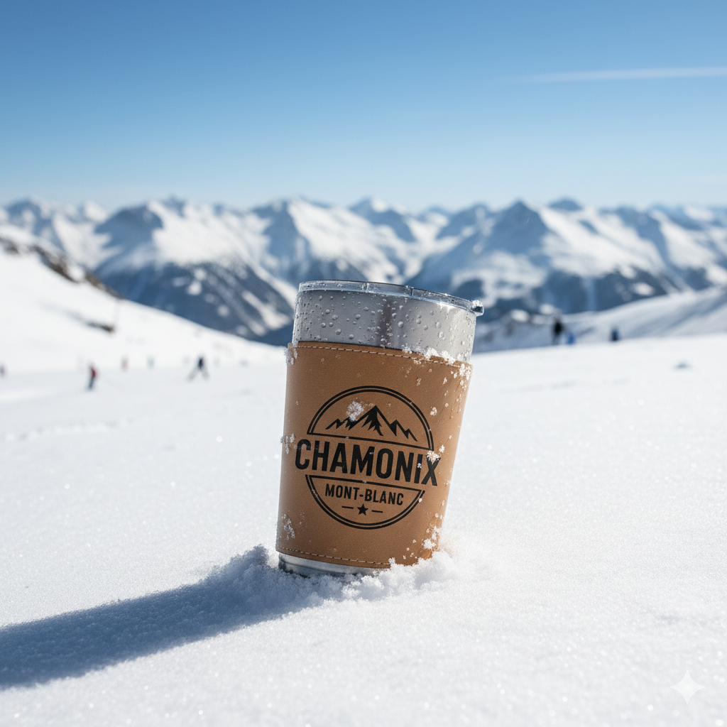 Mug isotherme en cuir gravé Chamonix Mont-Blanc posé dans la neige avec panorama alpin
