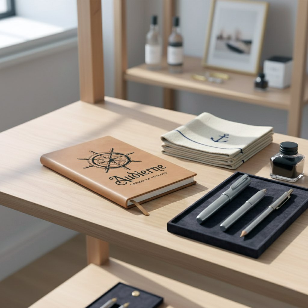 Carnet de voyage en cuir vegan gravé Audierne, mis en avant dans un concept store marin