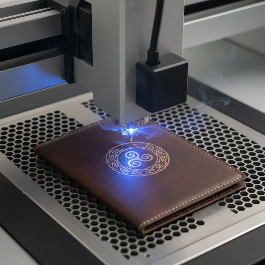 Gravure laser sur cuir vegan avec motif celte triskel sur protège-passeport personnalisé
