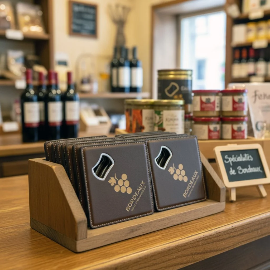 Dessous de verre décapsuleurs en cuir vegan gravé Bordeaux, présenté dans une boutique de spécialités locales