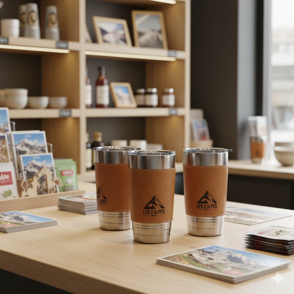 Mugs isothermes en cuir vegan gravés Les 2 Alpes, exposés sur le comptoir d’une boutique souvenir de montagne